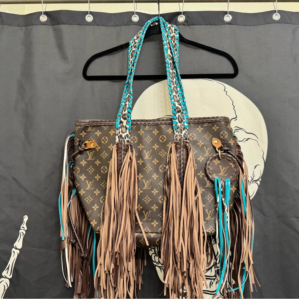 Luxury Inspired Monogram Fringe Tote Bag in Brown and Turquoise.
